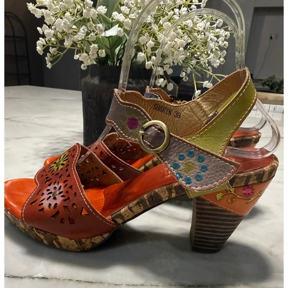 L'Artiste Spring Step Sharyn Leather Sandals Floral Hand Painted Boho Heel 39